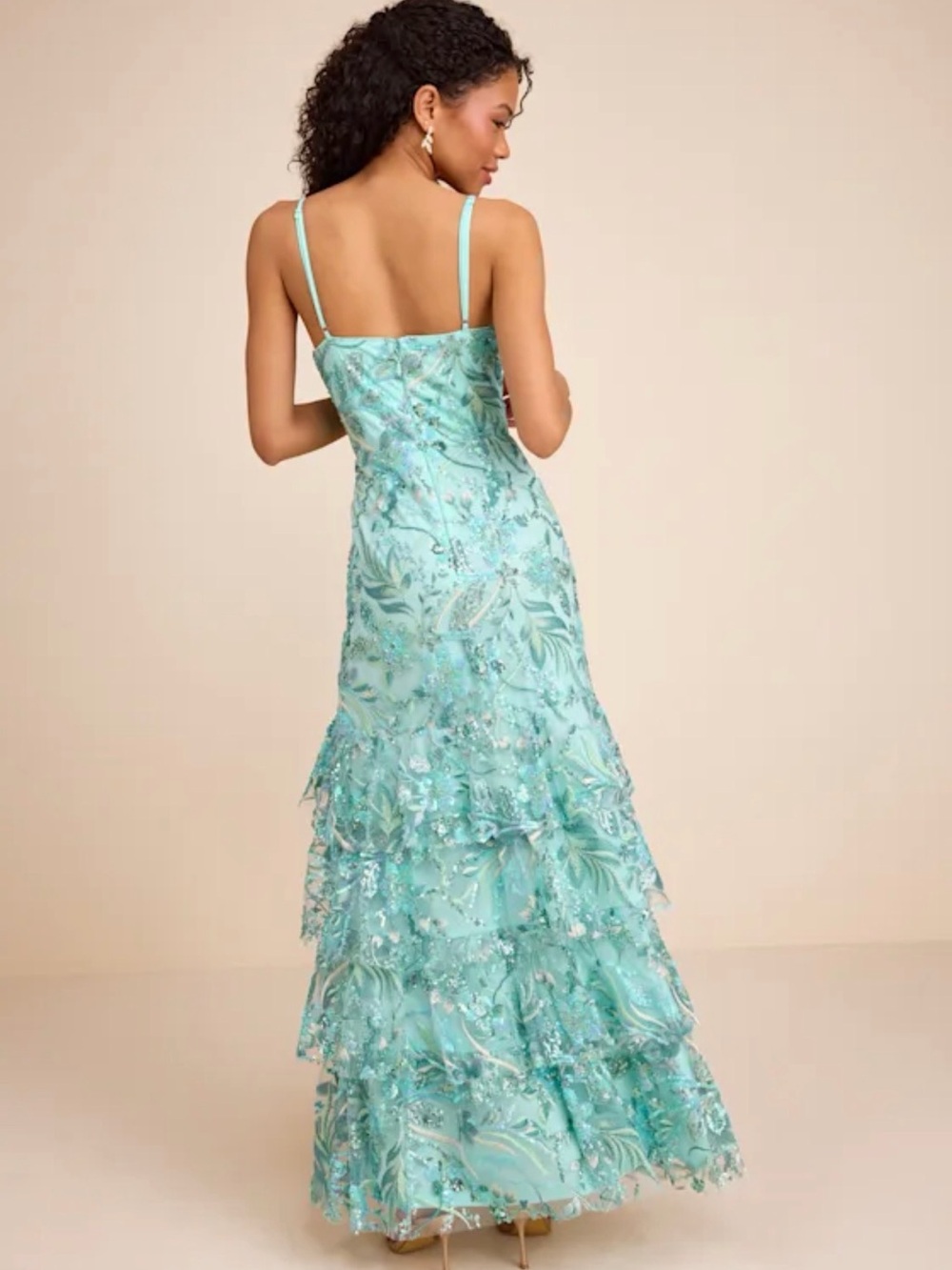 Lulus Angele Mint Blue Sequin Embroidered Tiered Maxi Dress - Size L - Picture 4 of 5